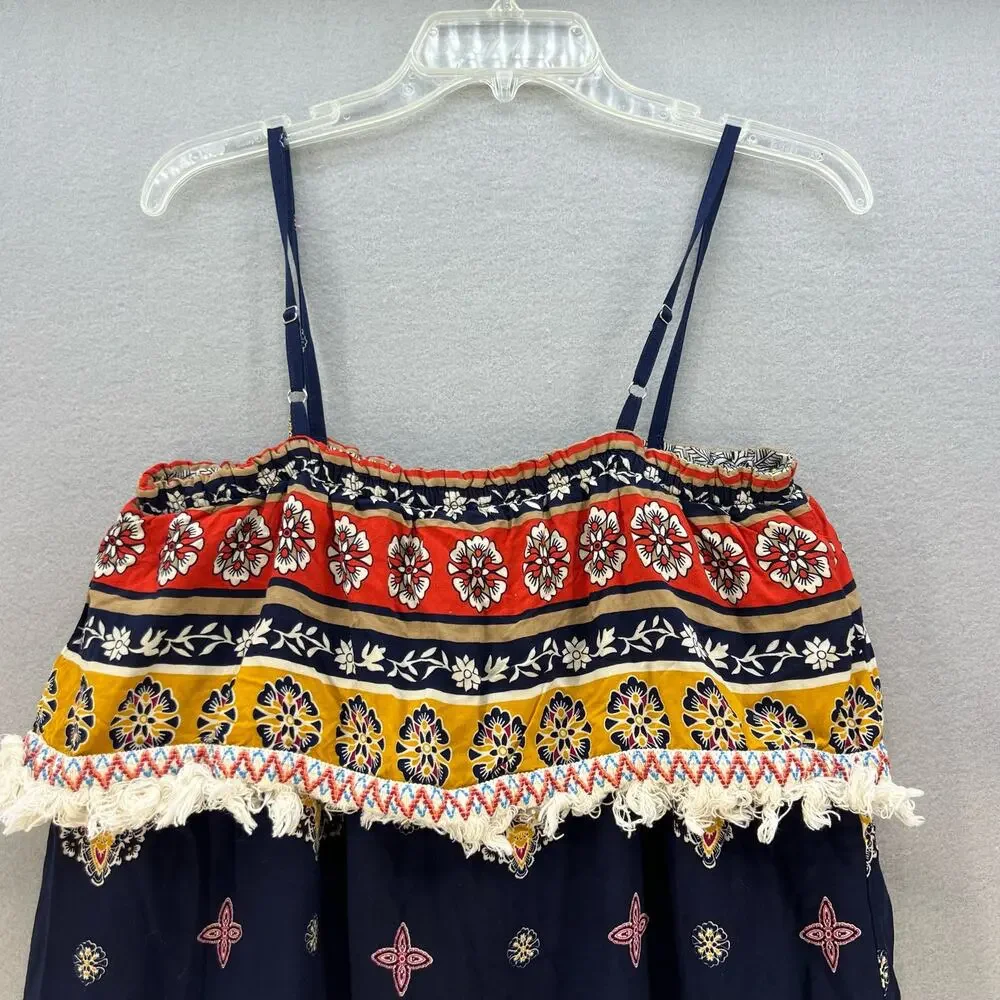Entro Midi Sun Dress Women's Size Large Navy Boho Lined Adjustable Straps Hippie - Picture 11 of 15